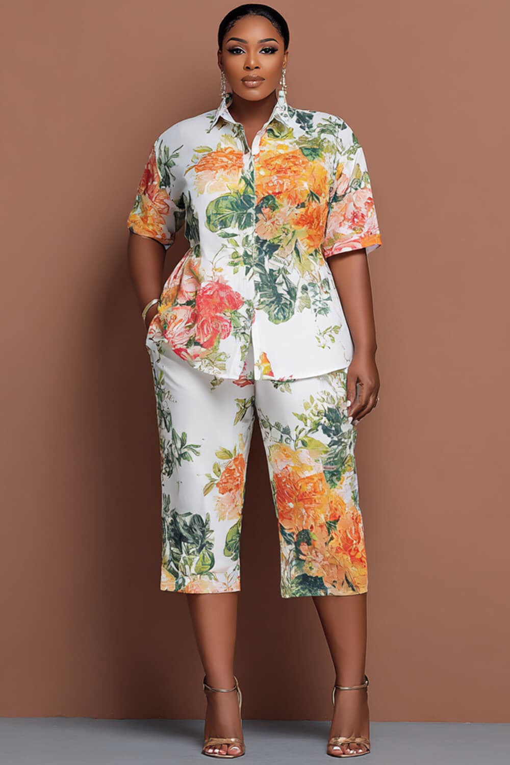 Xpluswear Design Plus Size Vacation Casual Multicolor Floral Shirt Collar Short Sleeve Pocket Two Piece Short Sets [Pre-Order] Multicolor-2XL/18-20