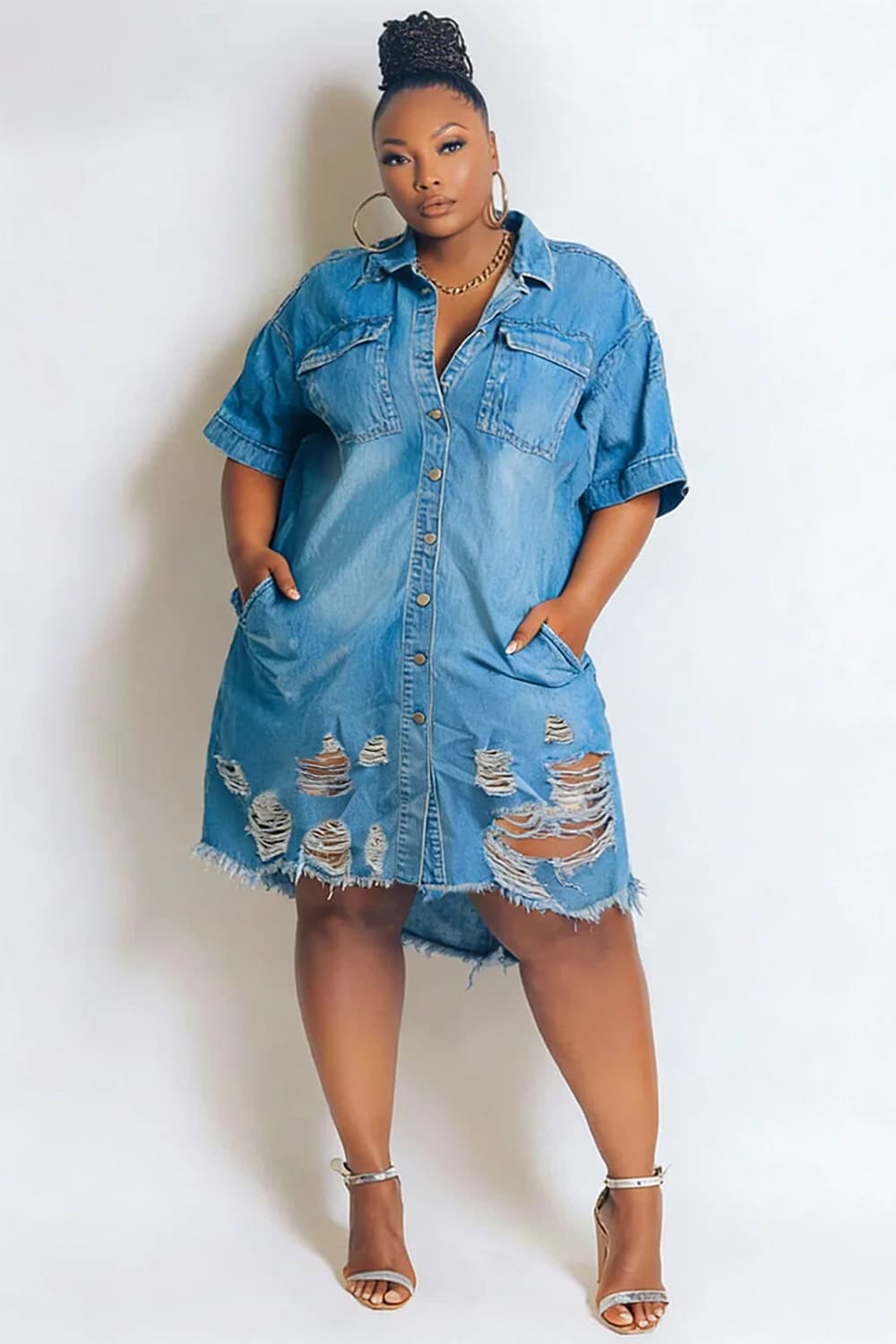 Xpluswear Design Plus Size Daily Blue Shirt Collar Short Sleeve Distressed Pocket Denim Mini Dresses Blue-5XL/28