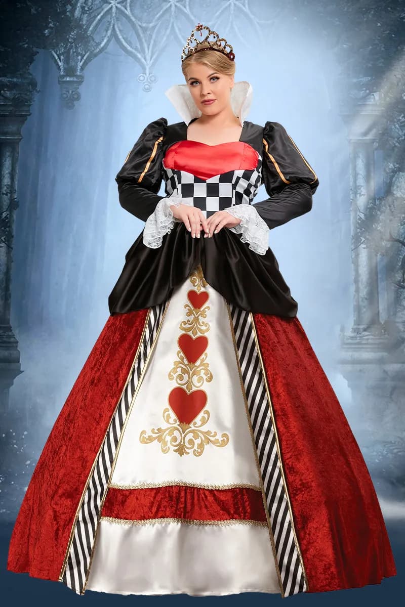 Xpluswear Design Plus Size Queen Of Hearts Halloween Costumes Checkered Print Lace Puff Sleeves Maxi Dress（Ships 24h） Red-Black-2XL/18-20
