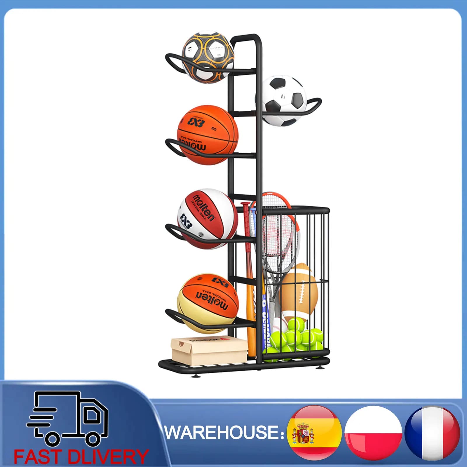 Support de rangement amovible pour ballons de sport avec pieds réglables et panier, présentoir pour ballons de rugby et de volley-ball pour