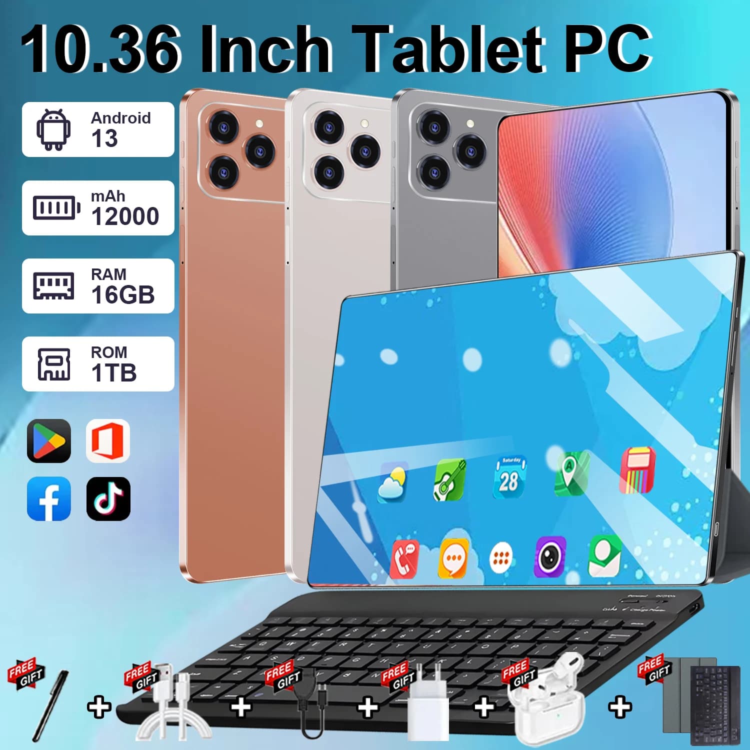 Tablette 10,36 pouces 16 Go de RAM + 1 To, Android 13 ROM, 10 cœurs, 12000 mAh, double caméra, double SIM, Google Play, tablettes PC 5G, Bluetooth,