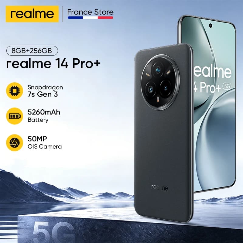realme 14 Pro+ 5G Version Européenne Appareil Photo 50MP OIS Snapdragon7s Gen 3 Charge SUPERVOOC 80W IP69 Batterie 5260mAh