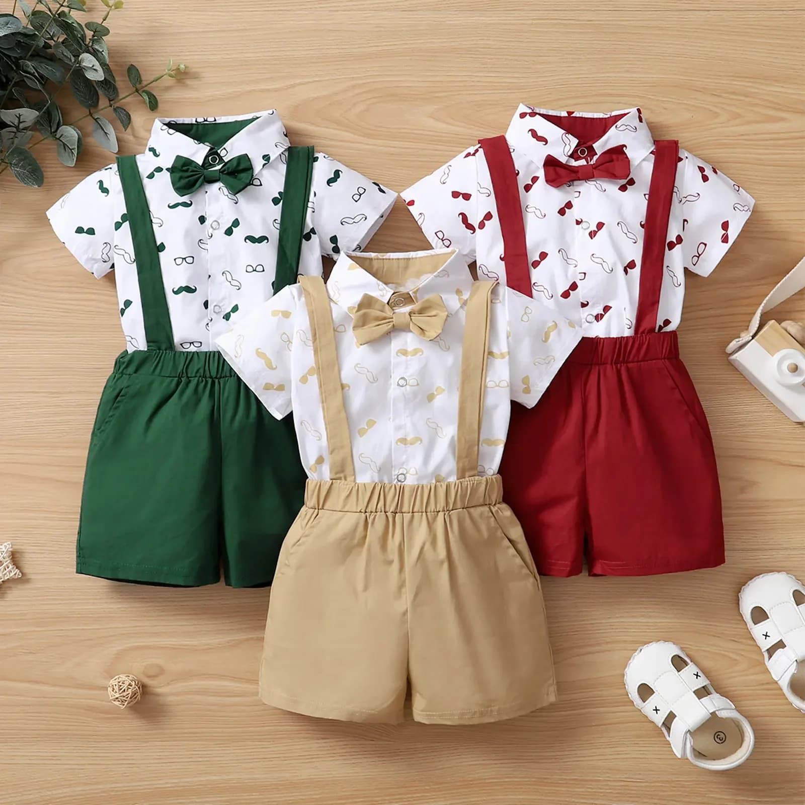 Ensemble de vêtements pour bébés garçons, chemise à manches courtes et col à revers + Short à bretelles de couleur unie, imprimé barbe