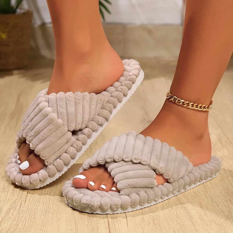 Mode velours côtelé bande croisée maison pantoufles femmes automne hiver chaud en peluche diapositives femme intérieure chambre semelle souple