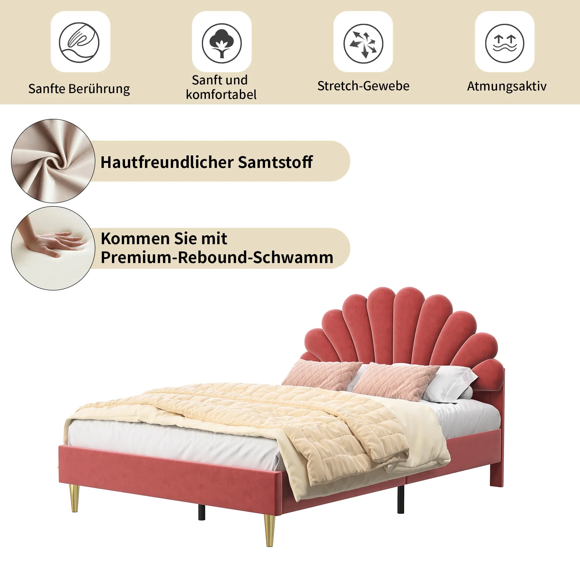 Rosahqnda Lit pour enfants 90x200cm, lit pour fille 140x200cm, lit pour fille avec coussin élégant, tête de lit Blossom en tissu velours, sans
