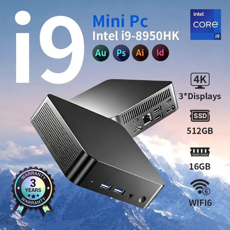 Mini PC de jeu Windows 11 : Intel Core I9 8950HK, 16 Go de RAM DDR4, SSD M.2 1/2 To, prend en charge la résolution 4K HD