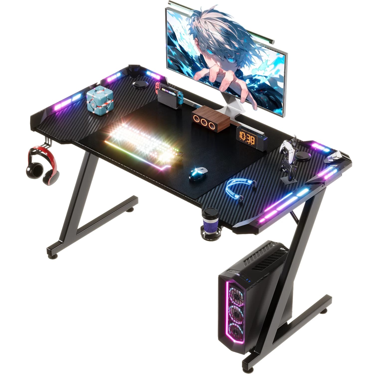 Table de jeu Devoko avec LED 120x60 cm, bureau de jeu ergonomique à structure en Z avec porte-gobelet