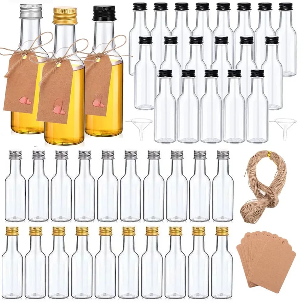 Ensemble de mini bouteilles de liqueur 10/30/50/100 pièces, bouteilles en plastique de 1,7 oz, bouchons noirs/argentés/dorés, bouteilles à