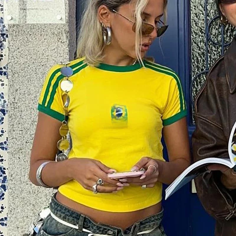 T-shirt d'été pour femmes, lettre brésilienne esthétique des années 90, haut court décontracté à manches courtes, Kpop Streetwear Vintage Y2k,