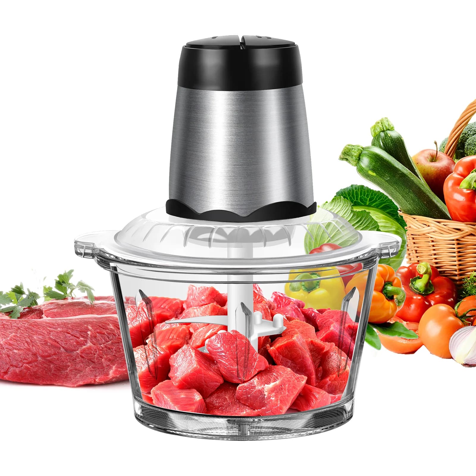 Hachoir à viande électrique 3000W 2L, hachoir à aliments à 2 vitesses – Lame en acier inoxydable, bol en verre, hachoir à légumes pour la