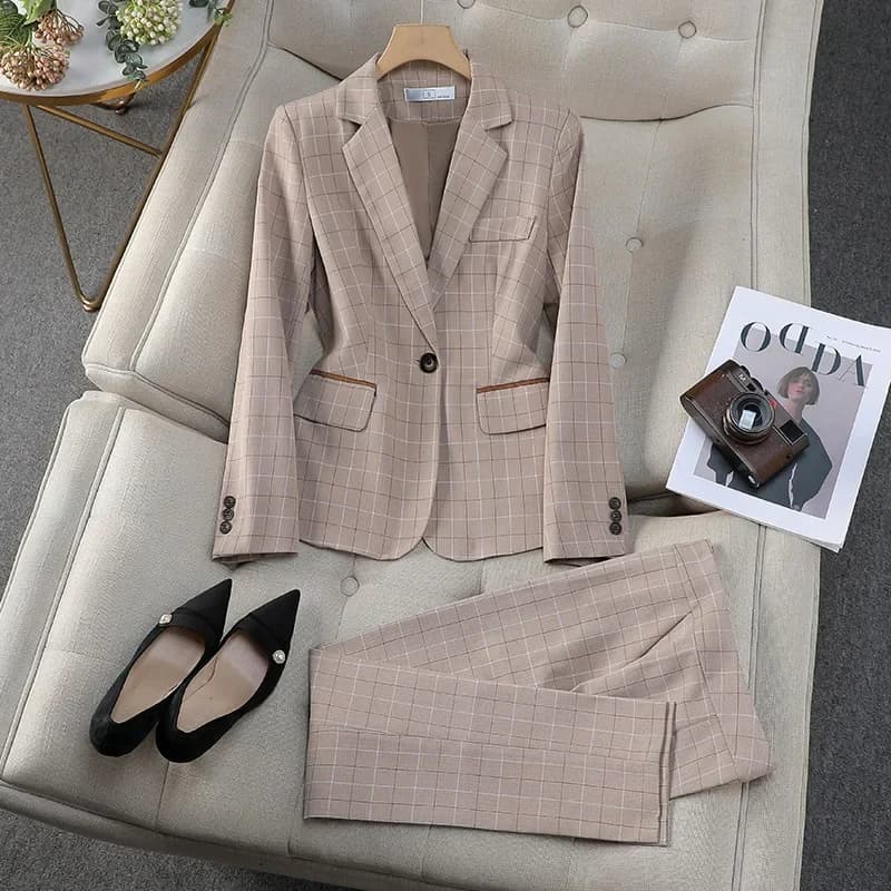 Costumes pantalons à carreaux abricot pour femmes, blazer de style britannique, à la mode, haut de gamme, vêtements professionnels, vêtements