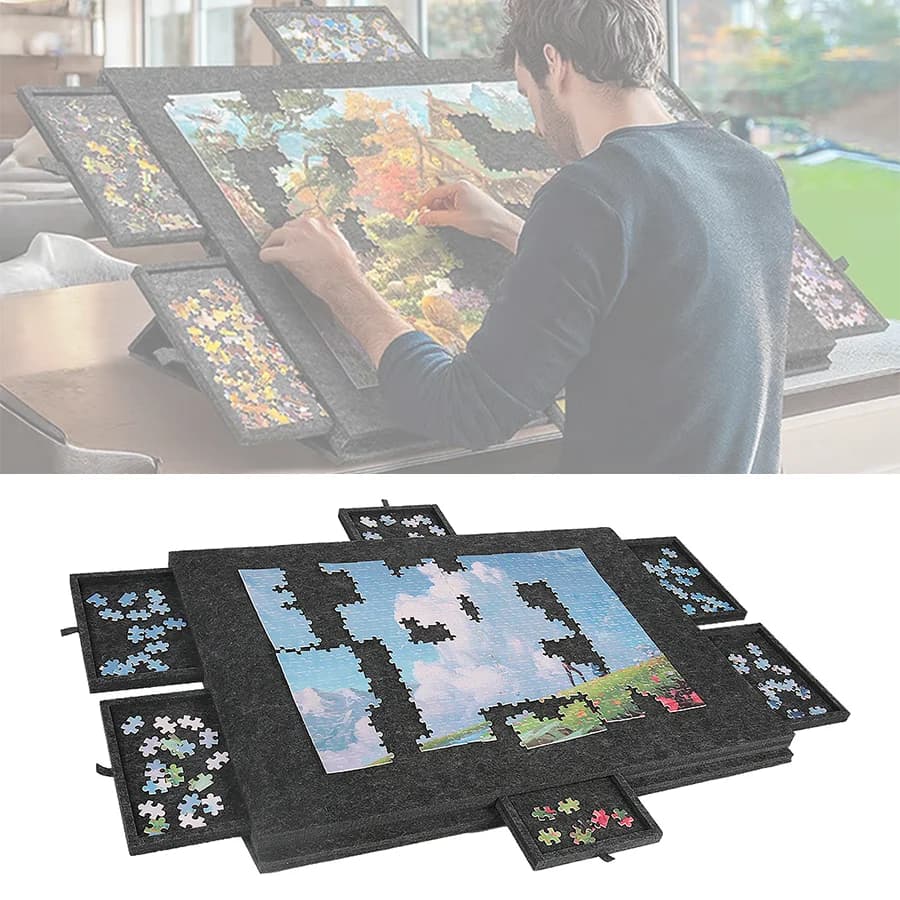 Planche à puzzle portable en feutre 77x54x4cm - Pliable, antidérapante avec support, housse de protection et 6 tiroirs de rangement pour puzzles et