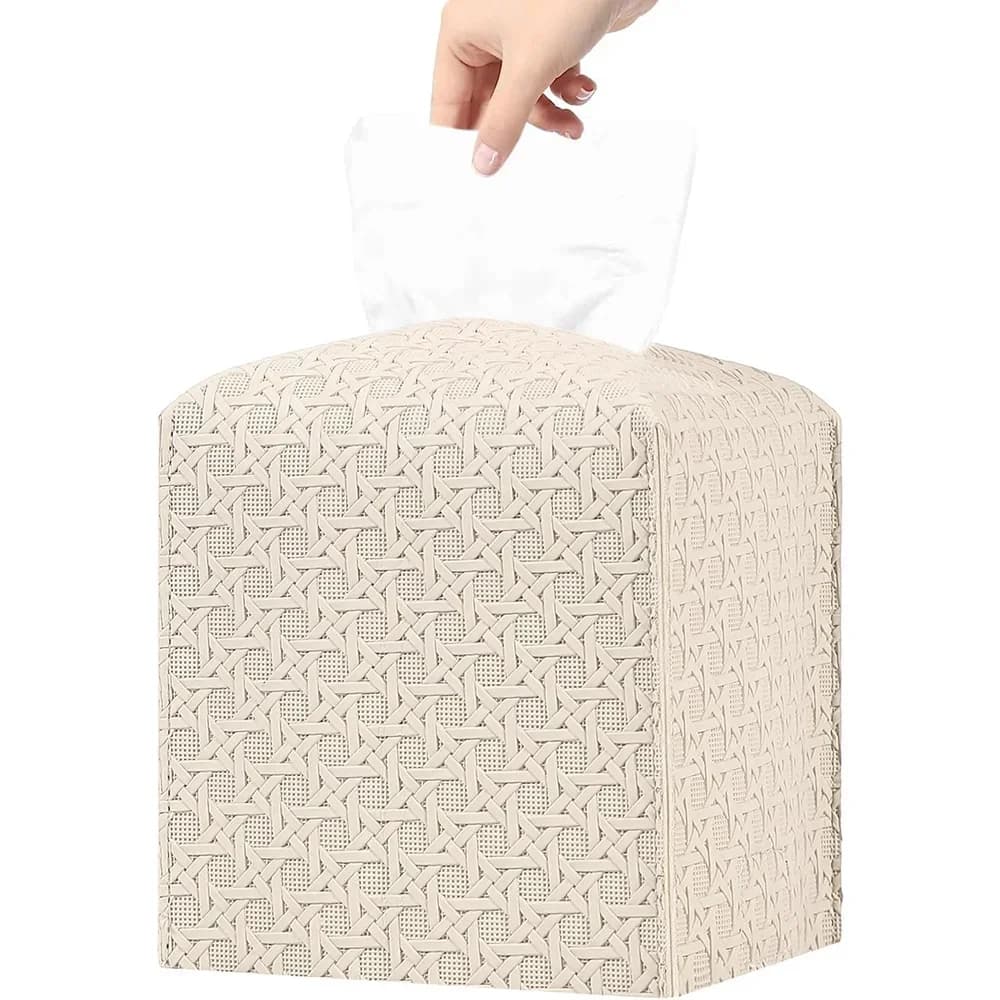 Boîte à mouchoirs carrée en cuir PU, Design en rotin, boîte à tiroirs de grande capacité, fournitures, couvercle de boîte à mouchoirs pliable