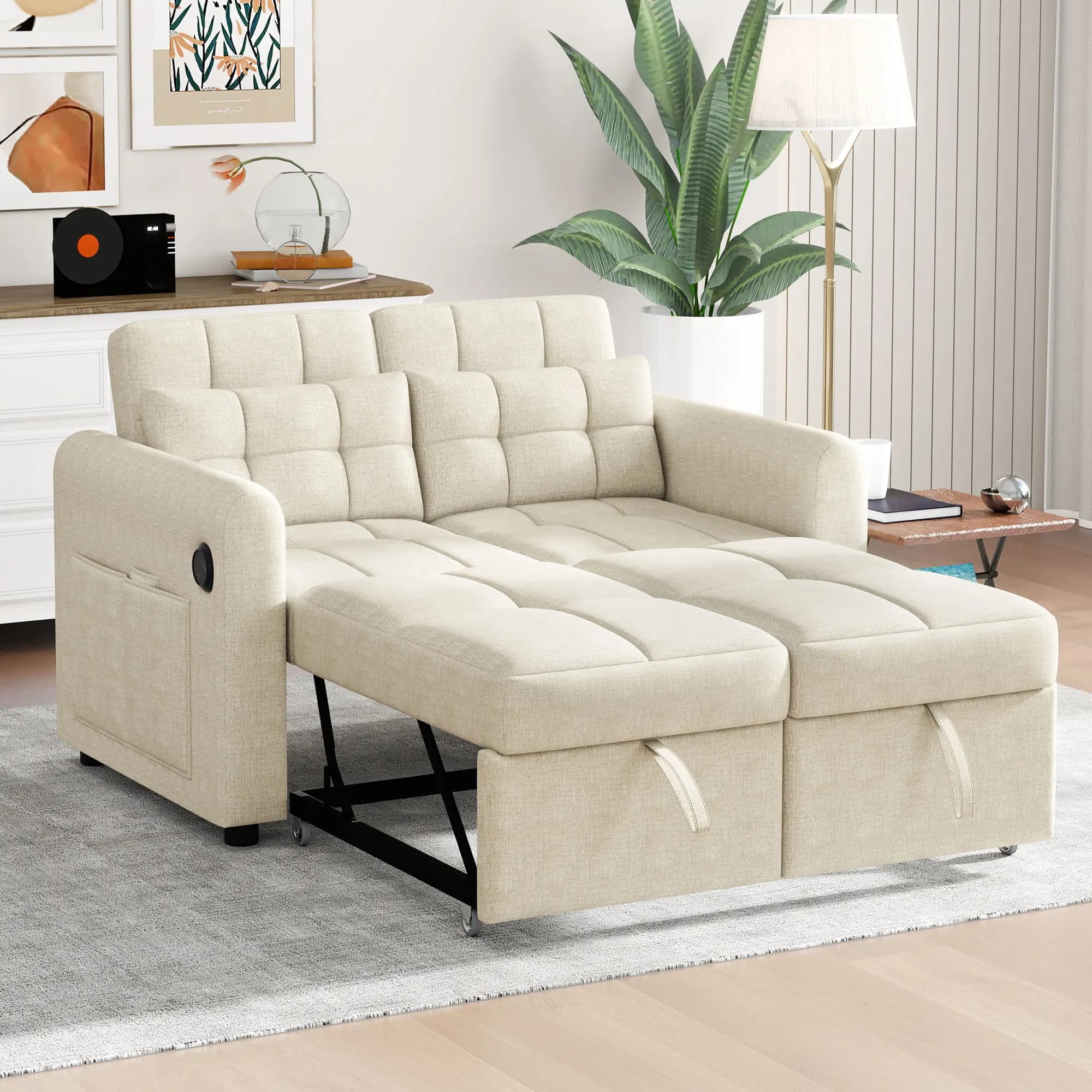 Canapé deux places, canapé convertible 3-en-1 avec dossier réglable, USB, poches sur les accoudoirs et coussins.