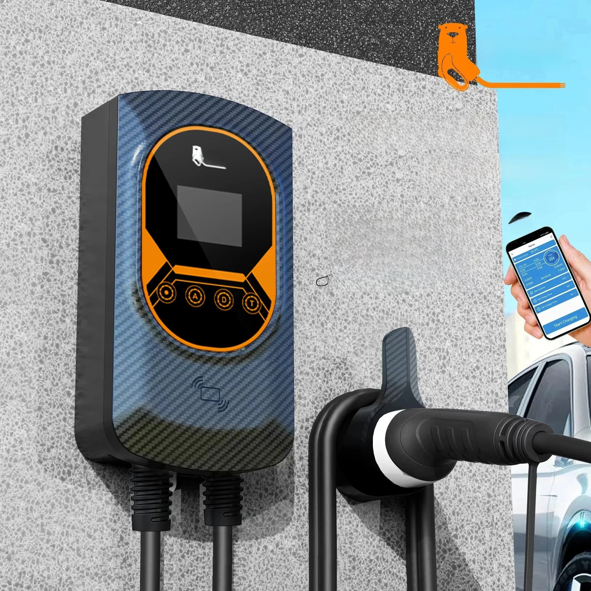 Station de recharge pour véhicules électriques Feyree 32A, chargeur de voiture électrique EVSE, boîtier mural, 7,6/11/22KW, câble Type 2