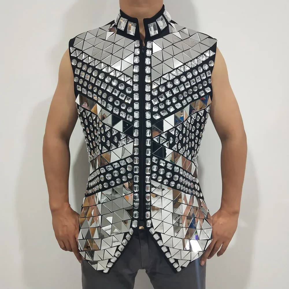 Gilet à paillettes et strass miroir pour homme, manteau en cristal, pour chanteur, Bar, Concert, spectacle sur scène, Costume de danse de batteur
