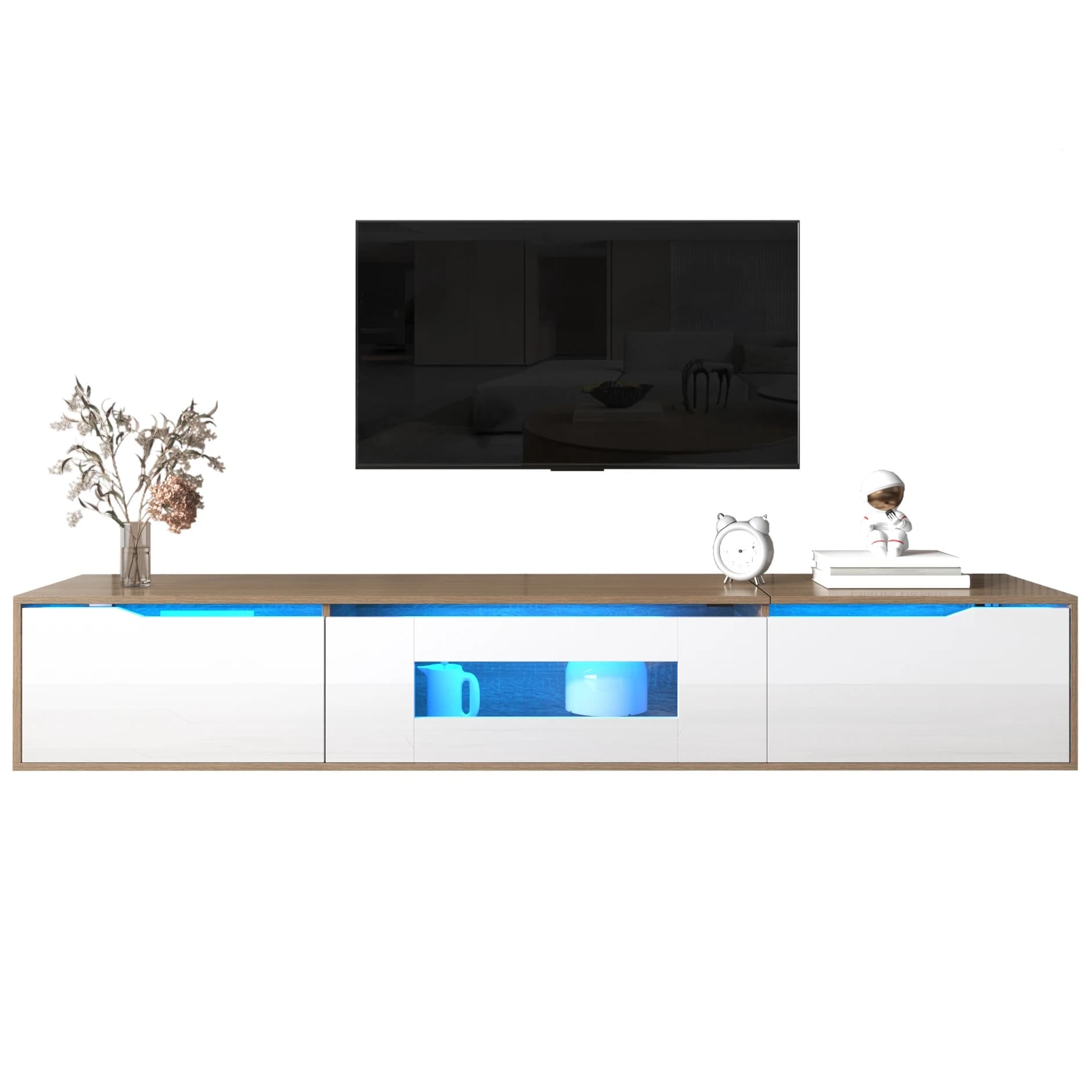 Meuble TV brillant 180×35×30cm avec éclairage LED à changement de couleur, unité de rangement TV murale pour salons modernes