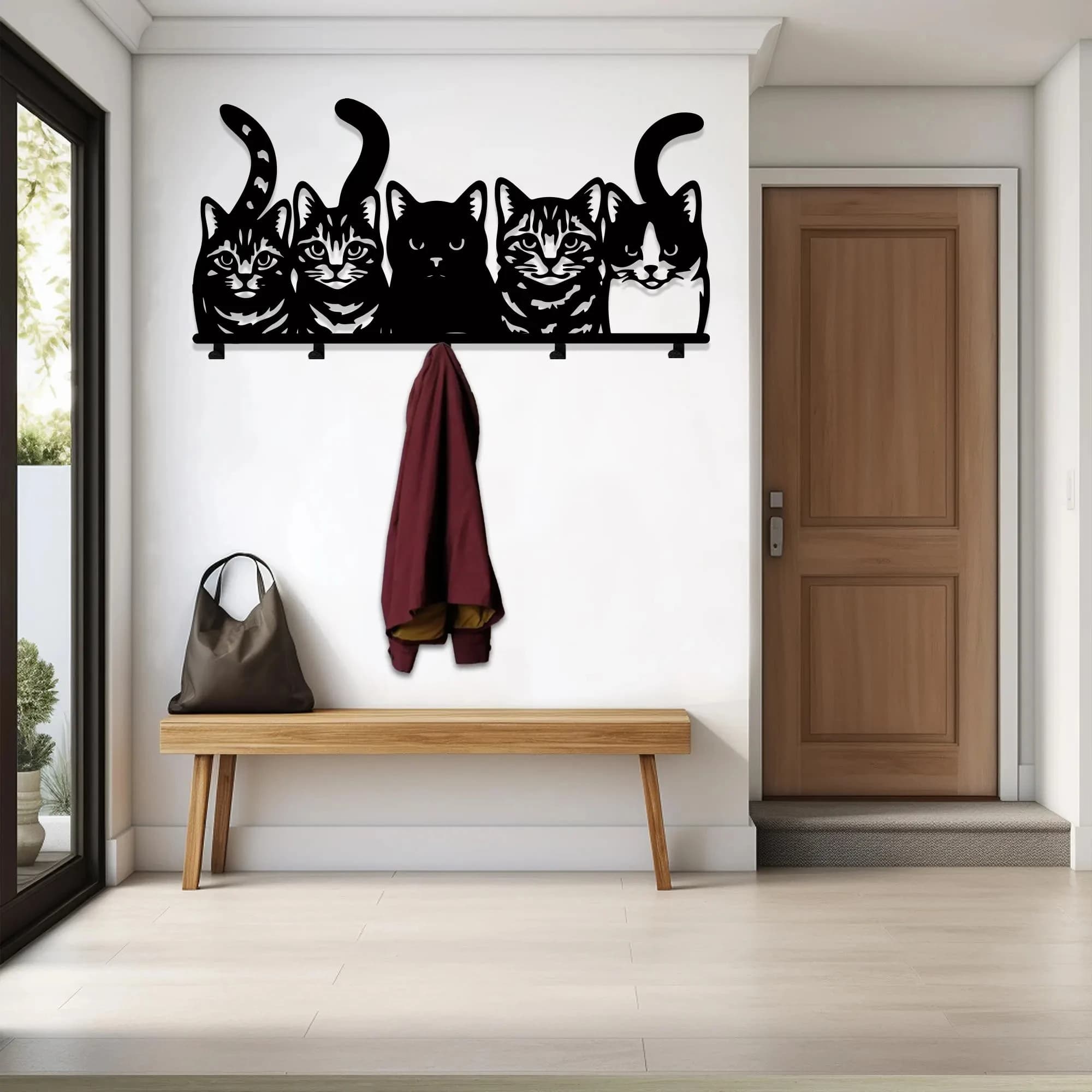 Crochet mural en forme de silhouette de chat en métal – Organisateur moderne pour manteaux et clés, porte-clés en forme de chat mignon –