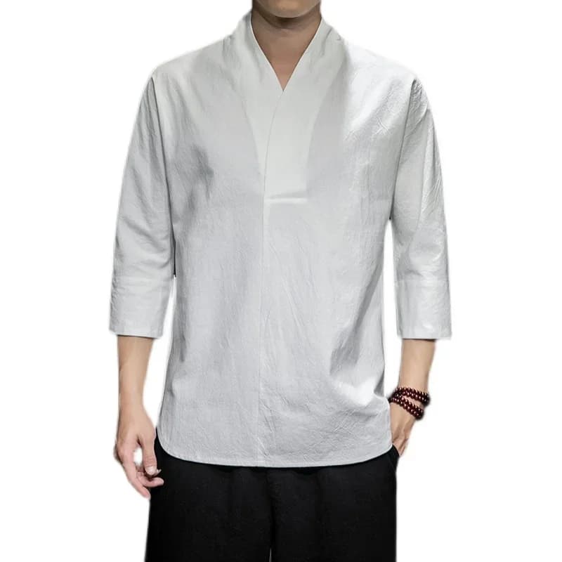 Chemises hommes solide pull col en V trois quarts hommes Kimono chemises traditionnel Streetwear Blouse Style chinois coton chemises homme