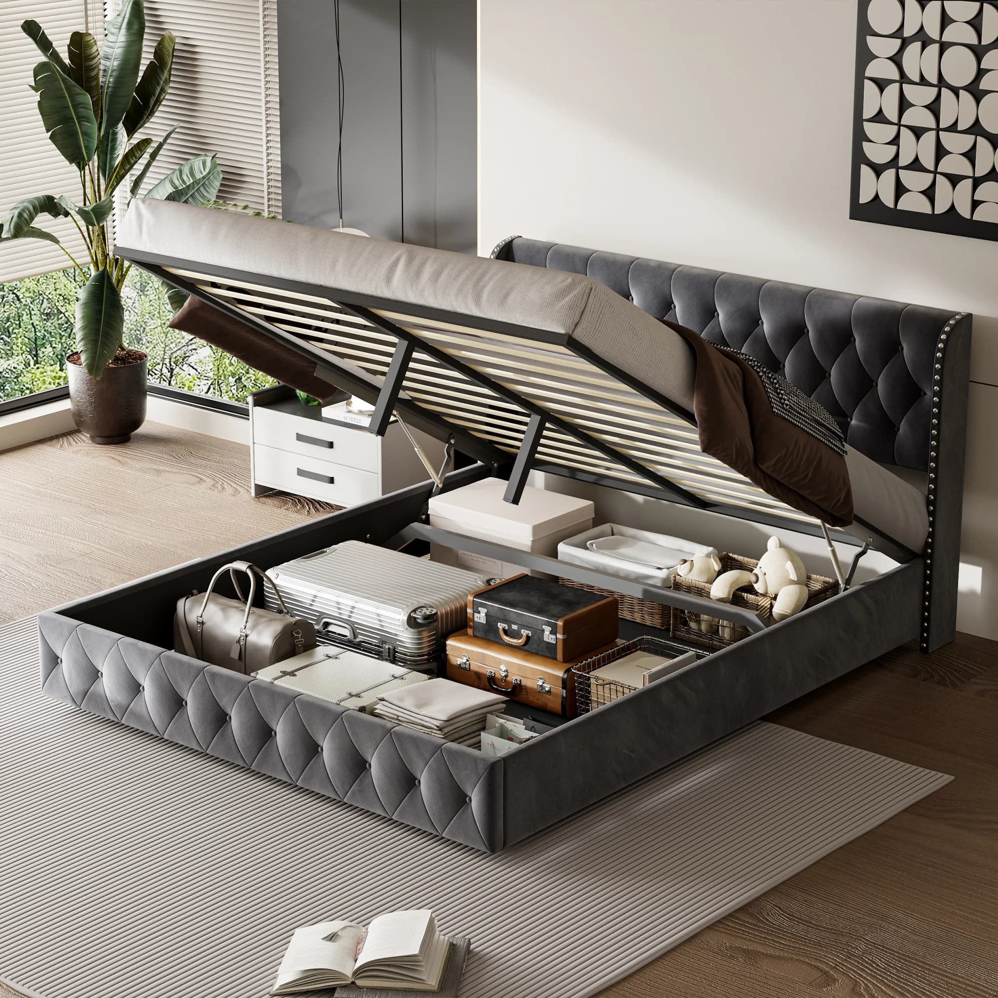 Rosahqnda Lit capitonné avec sommier à lattes et tête de lit sommier avec grand espace de rangement pour adultes et adolescents sans matelas