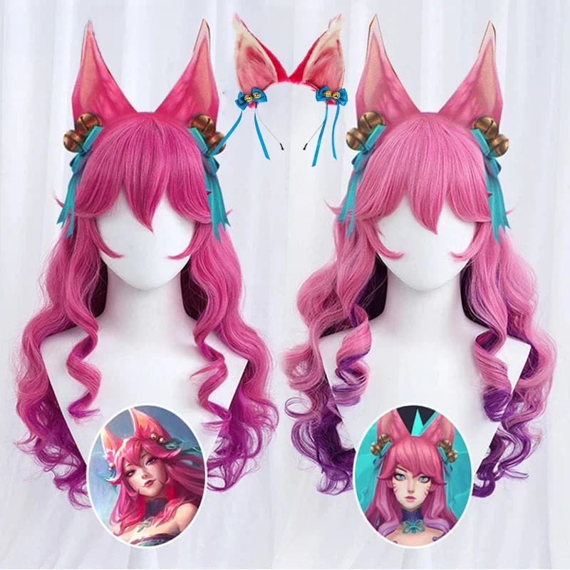 Spirit Blossom Ahri Cosplay LOL Cosplay femmes 70 cm longue vague bouclée perruque Cosplay Anime résistant à la chaleur perruques synthétiques +