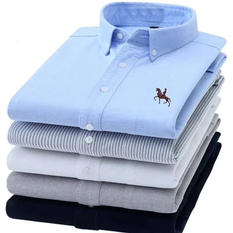 Chemises Oxford décontractées en pur coton pour hommes, manches longues, broderie cheval, coupe régulière, boutons à la mode, robe blanche