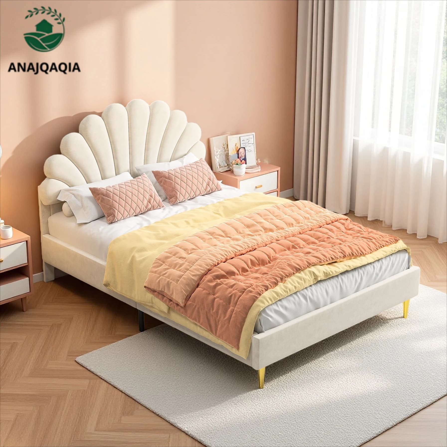 Anajqaqia Lit d'enfant 140x200cm avec lumières LED et tête de lit en forme de couronne, lit double rembourré avec sommier à lattes