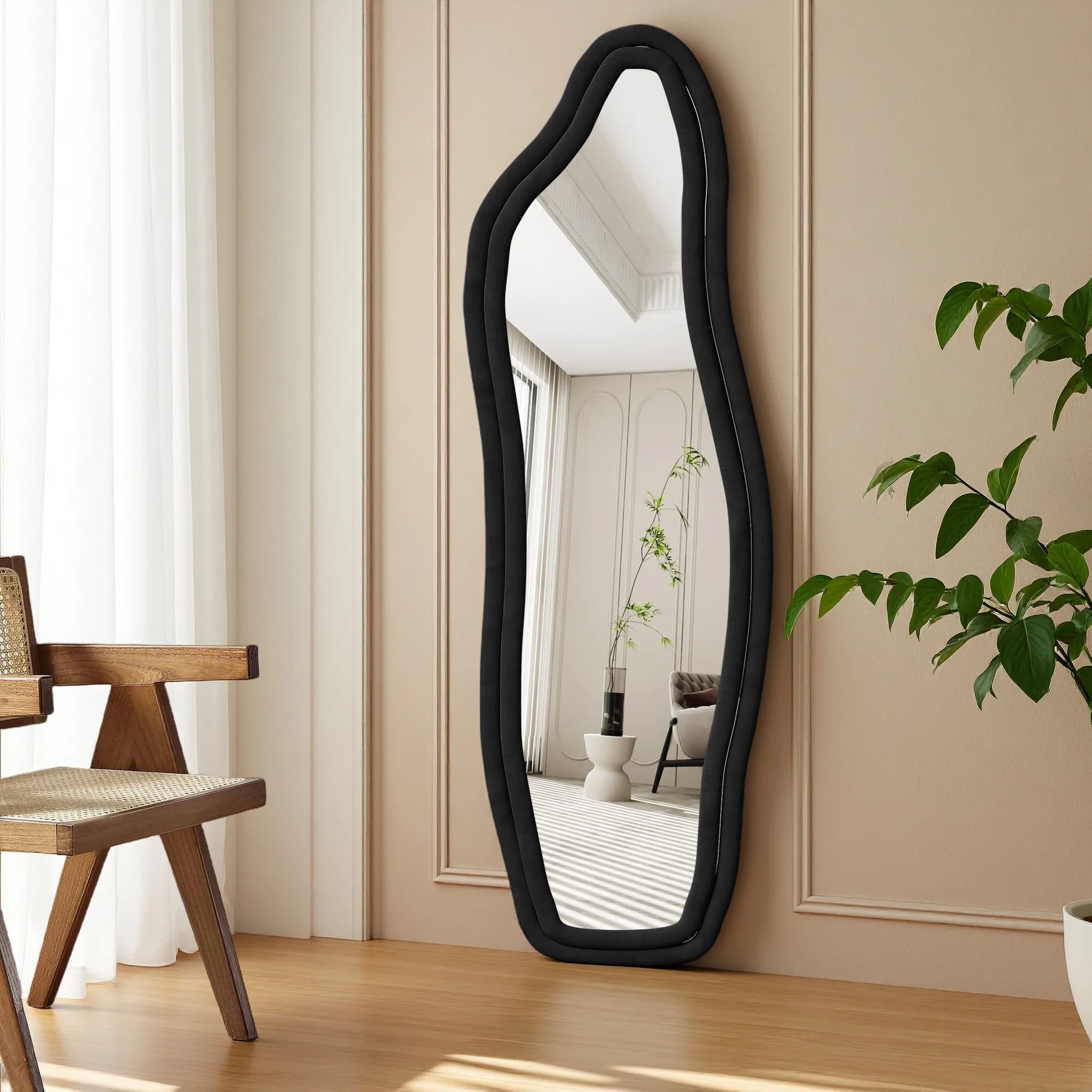 Anajqaqia Miroir dauphin 140x45cm, miroir asymétrique pleine longueur, miroir sur pied avec cadre garni de velours, noir