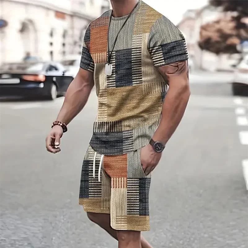 2024 Mode Hommes Sportswear À Manches Courtes T-shirt Et Shorts De Sport D'été Casual Vintage Patchwork Costume Deux Pièces Costume