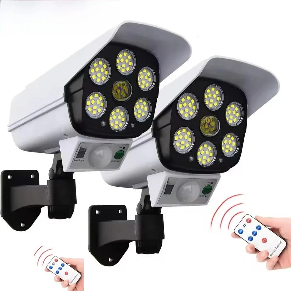 Capteur de mouvement extérieur lumières solaires 2000 Lumen 77 LED avec télécommande fausse caméra de sécurité surveillance lampes murales à
