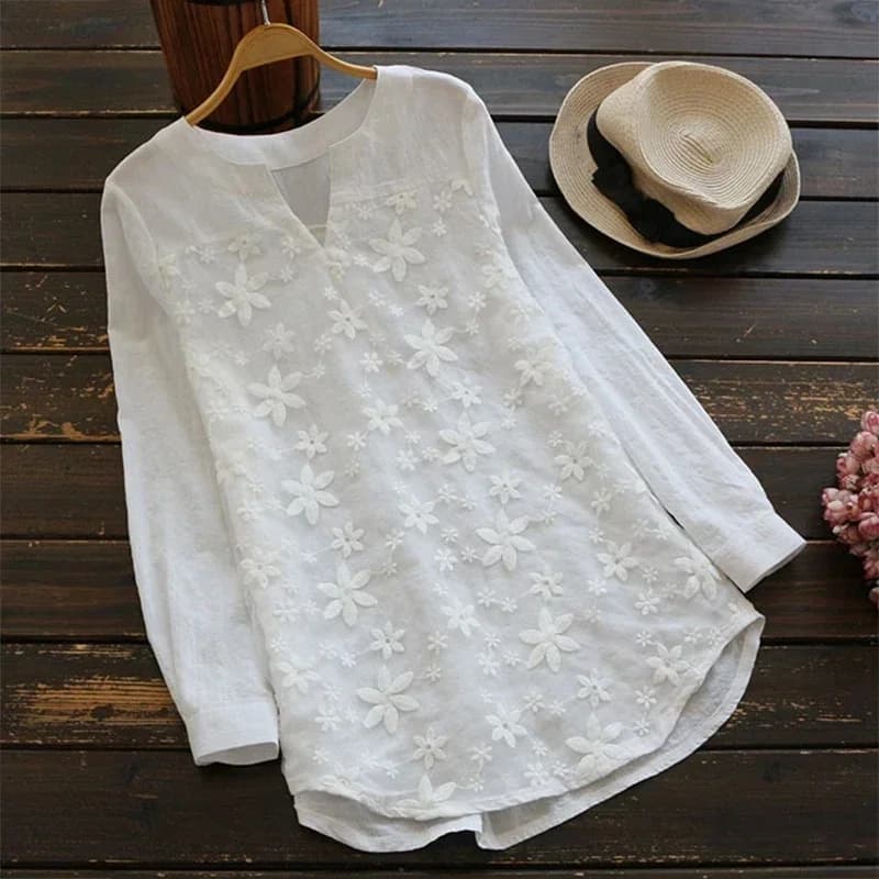 Chemisier en coton et lin brodé pour femmes, décontracté, mode, ample, blanc, chemise élégante, grande taille, col en V, manches longues, S-5XL