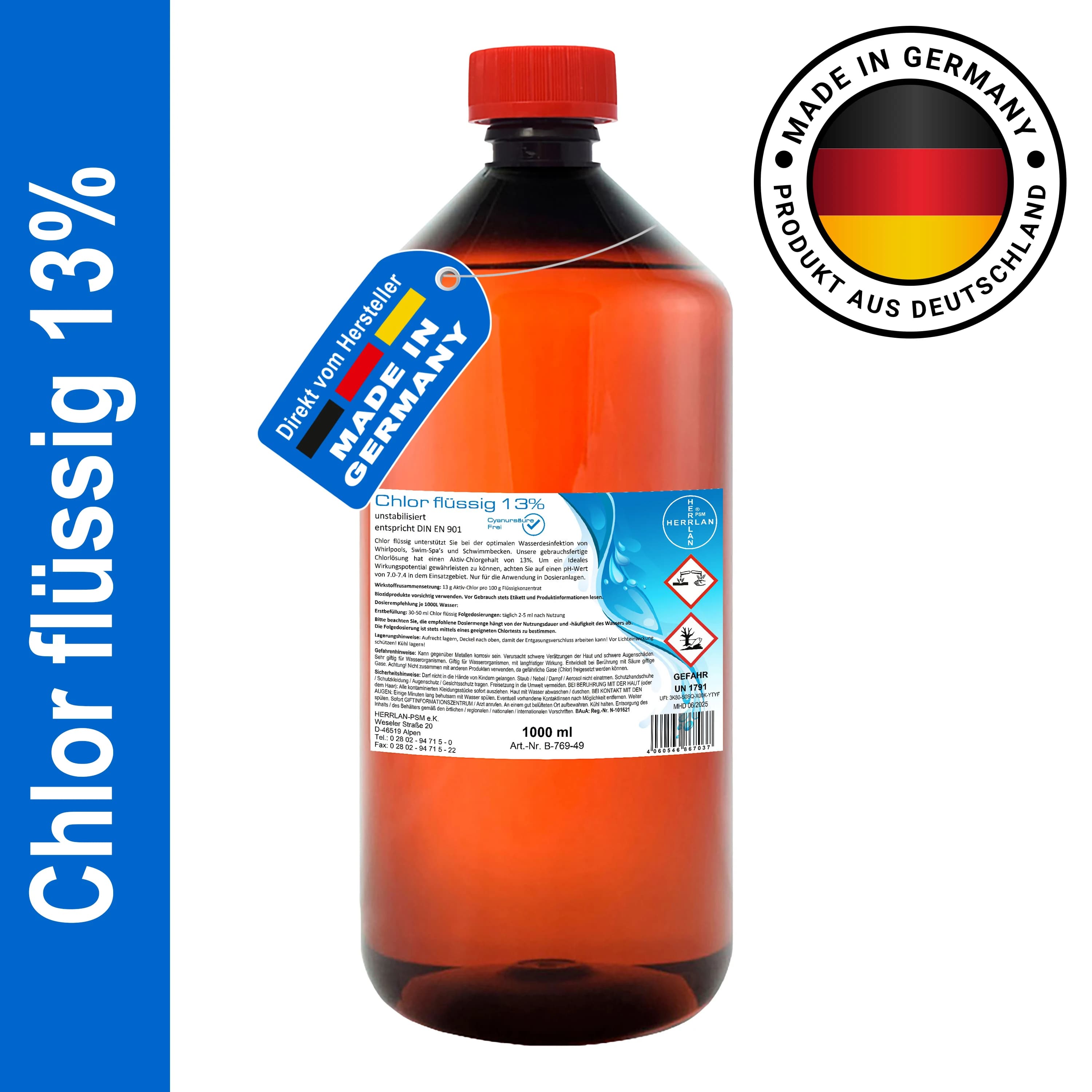 HERRLAN ® Liquide de chlore 13 % non stabilisé et sans acide cianique, désinfection professionnelle de l'eau pour piscine, spa et jacuzzi