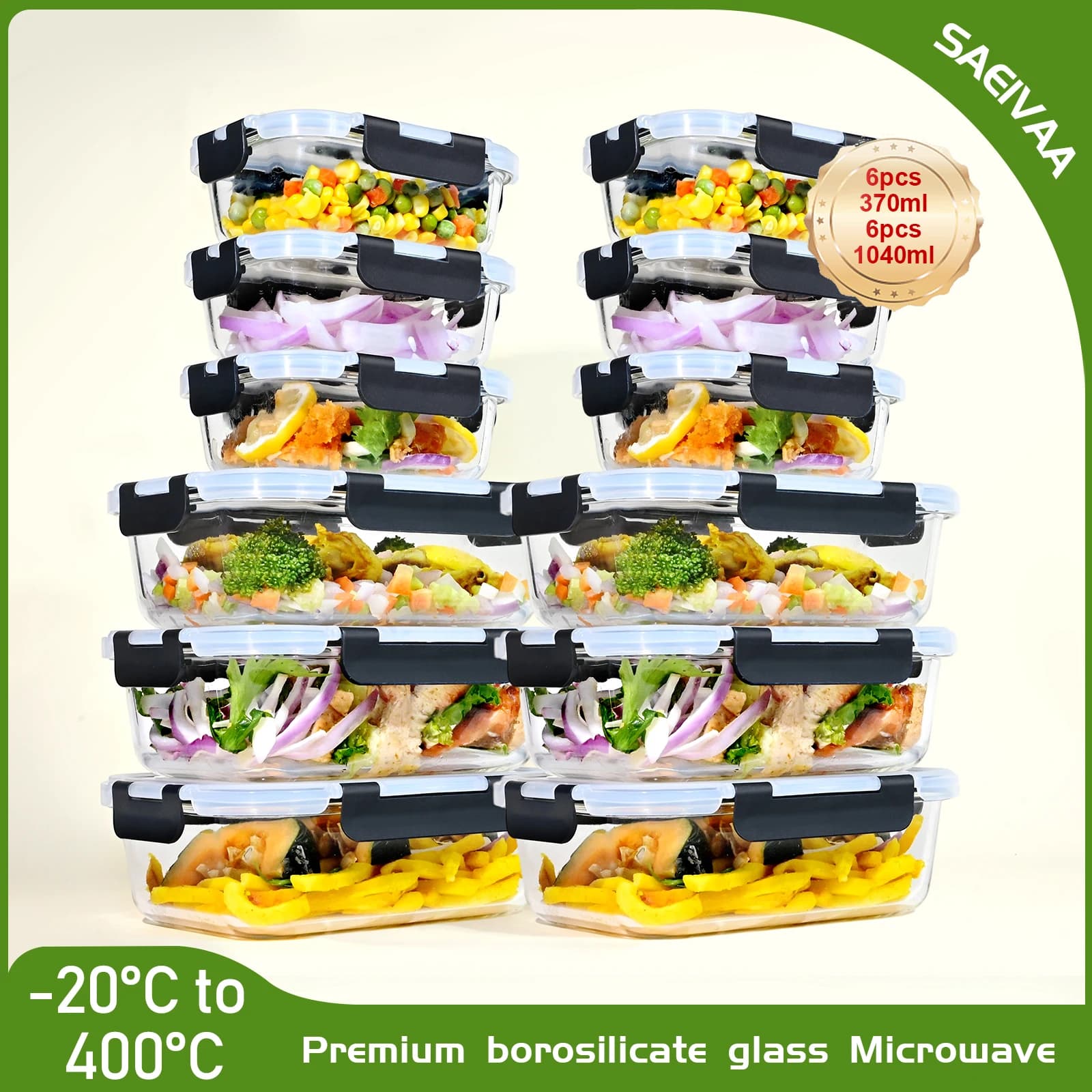 Ensemble de 12 conteneurs de stockage des aliments à couvercles, pots en verre de 370/1040ml, boîtes de rangement de cuisine avec couvercles serrés