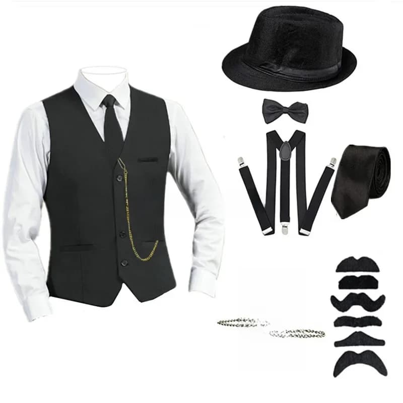 Ensemble de 8 pièces pour homme, accessoires style Gatsby des années 1920, costume de gangster rétro, cravate, chapeau, gilet noir, ensemble gilet