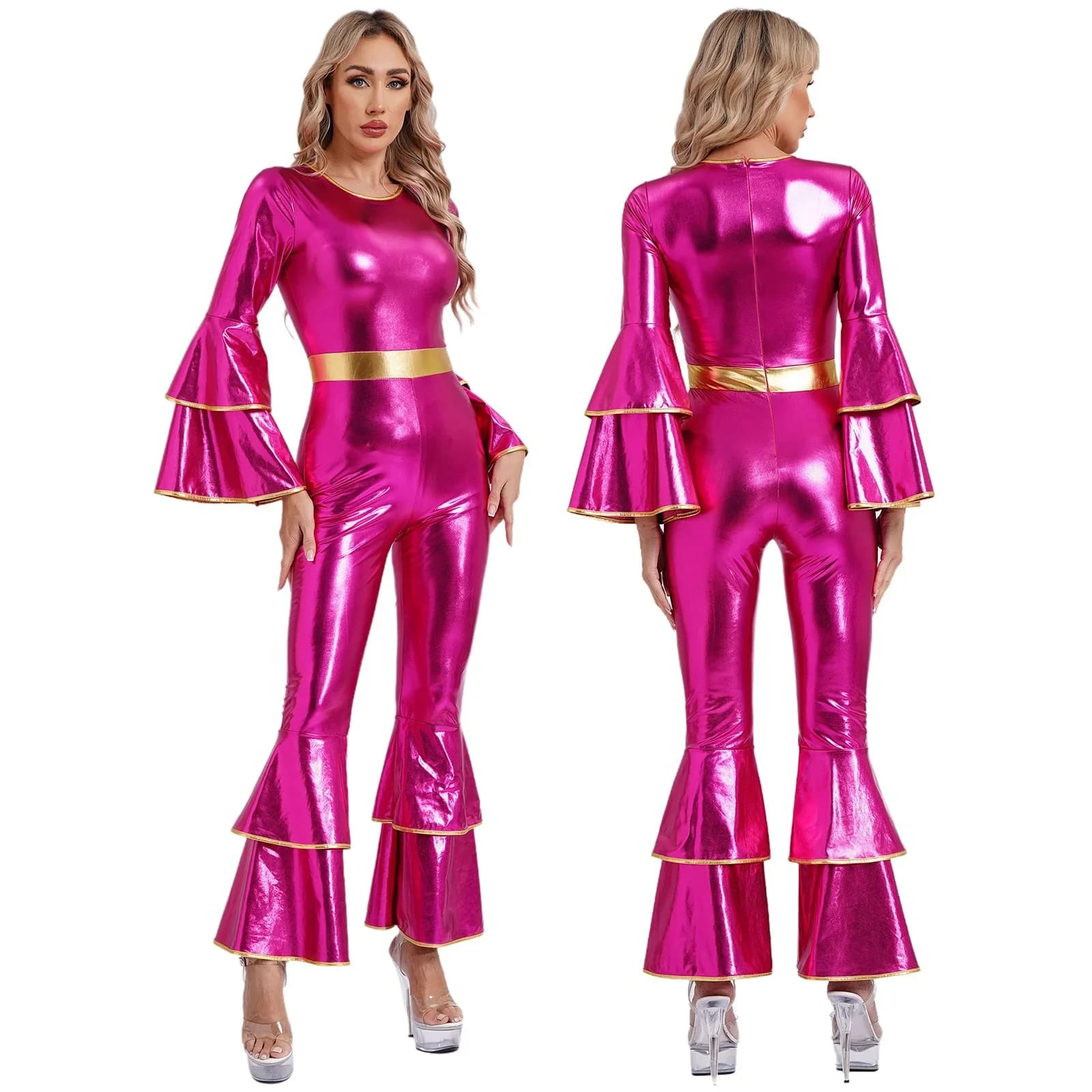 Combinaison Vintage Disco pour femmes des années 70, métallique brillant, manches évasées, body Hippie, bas de cloche, Jazz, danse, carnaval,
