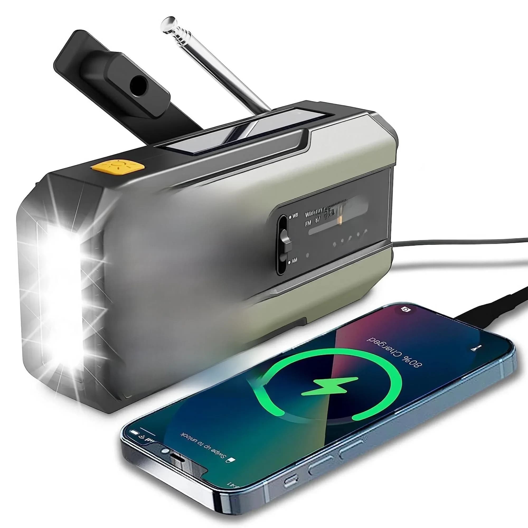 Radio météo d'urgence multifonctionnelle, FM AM WB, manivelle, charge USB solaire, batterie externe 2000mAh, lampe torche LED