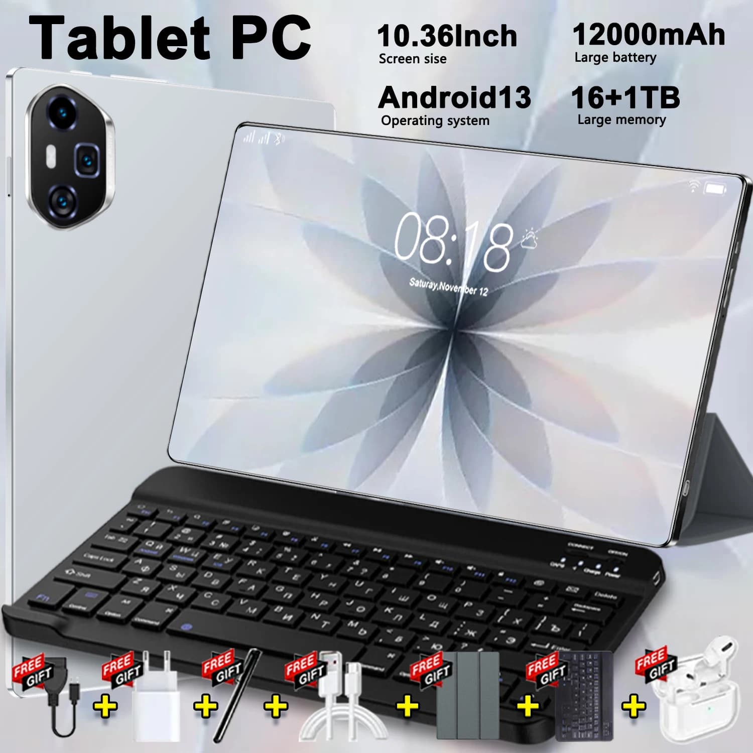 Tablette 10,36 pouces Android 13 16 Go de RAM + 1 To de ROM 10 cœurs 12000 mAh Google Play Double caméra Double SIM 5G Tablettes PC Bluetooth Wifi