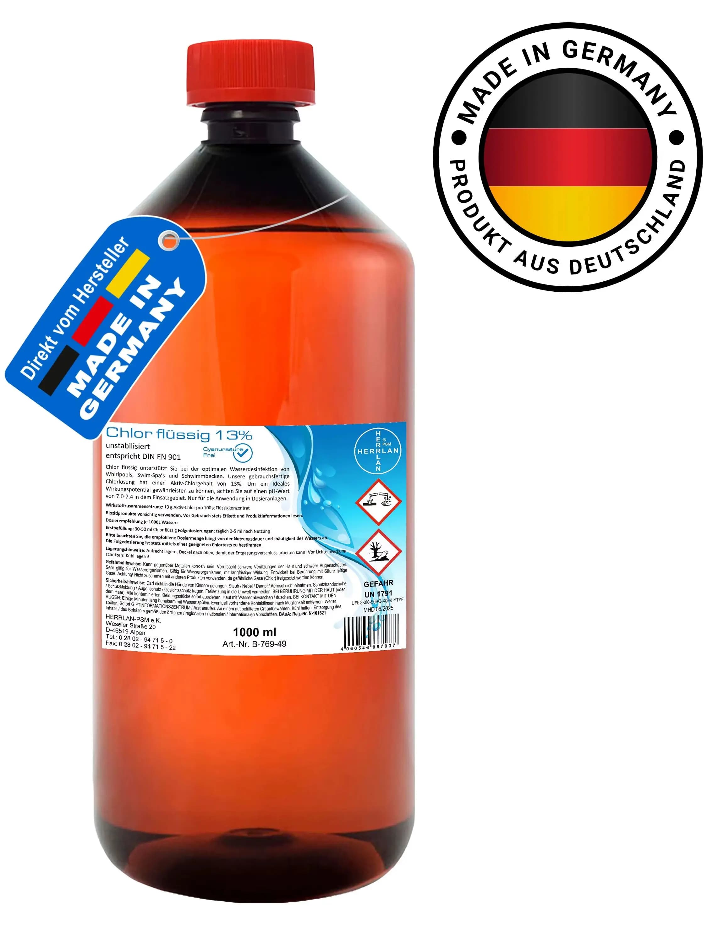 HERRLAN ® Liquide de chlore 13 % non stabilisé et sans acide cianique, désinfection professionnelle de l'eau pour piscine, spa et jacuzzi