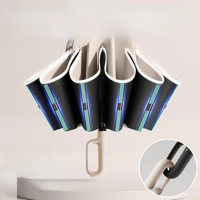 Parapluie pliant inversé entièrement automatique pour hommes et femmes, avec boucle 60K, avec bande réfléchissante coupe-vent, UV