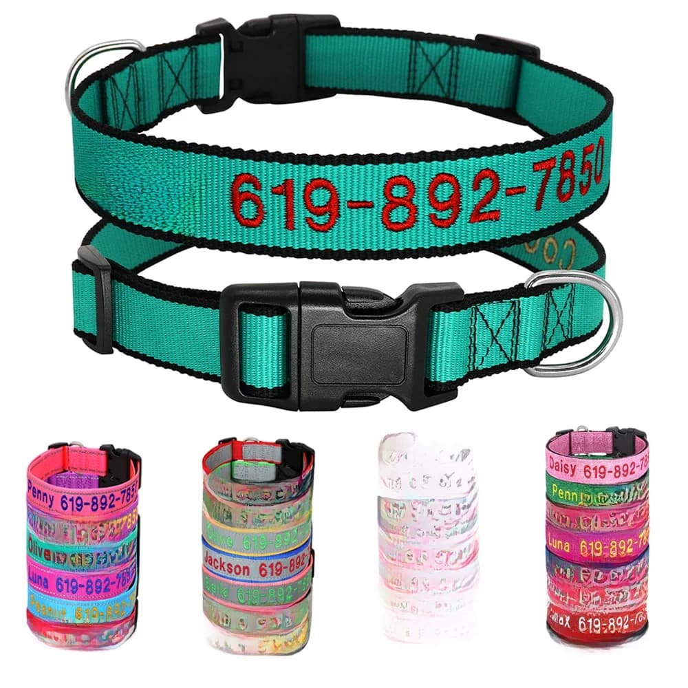 Collier de chien brodé en Nylon réglable, accessoires de nom d'identification personnalisé, colliers pour animaux de compagnie pour petits, moyens