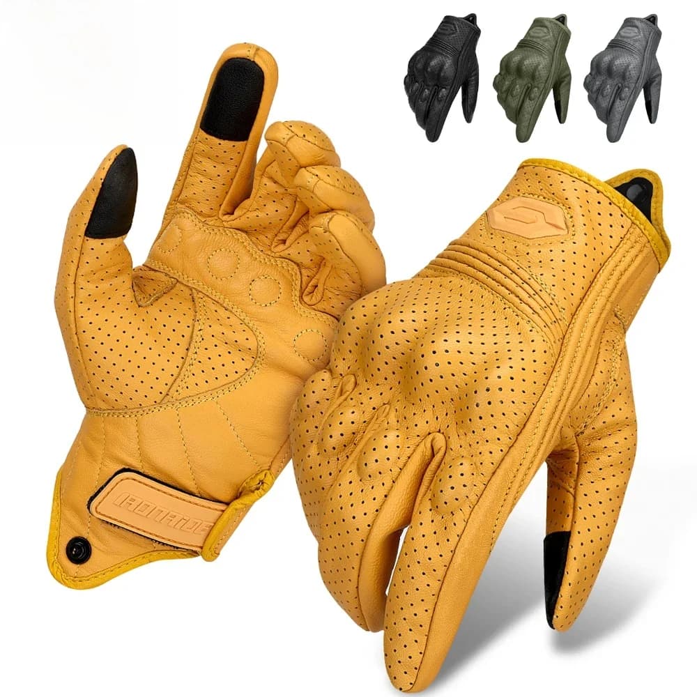 Gants de moto Vintage en cuir perforé, doublure en maille, confort adapté pour hommes et femmes, Style motard rétro classique, poignée