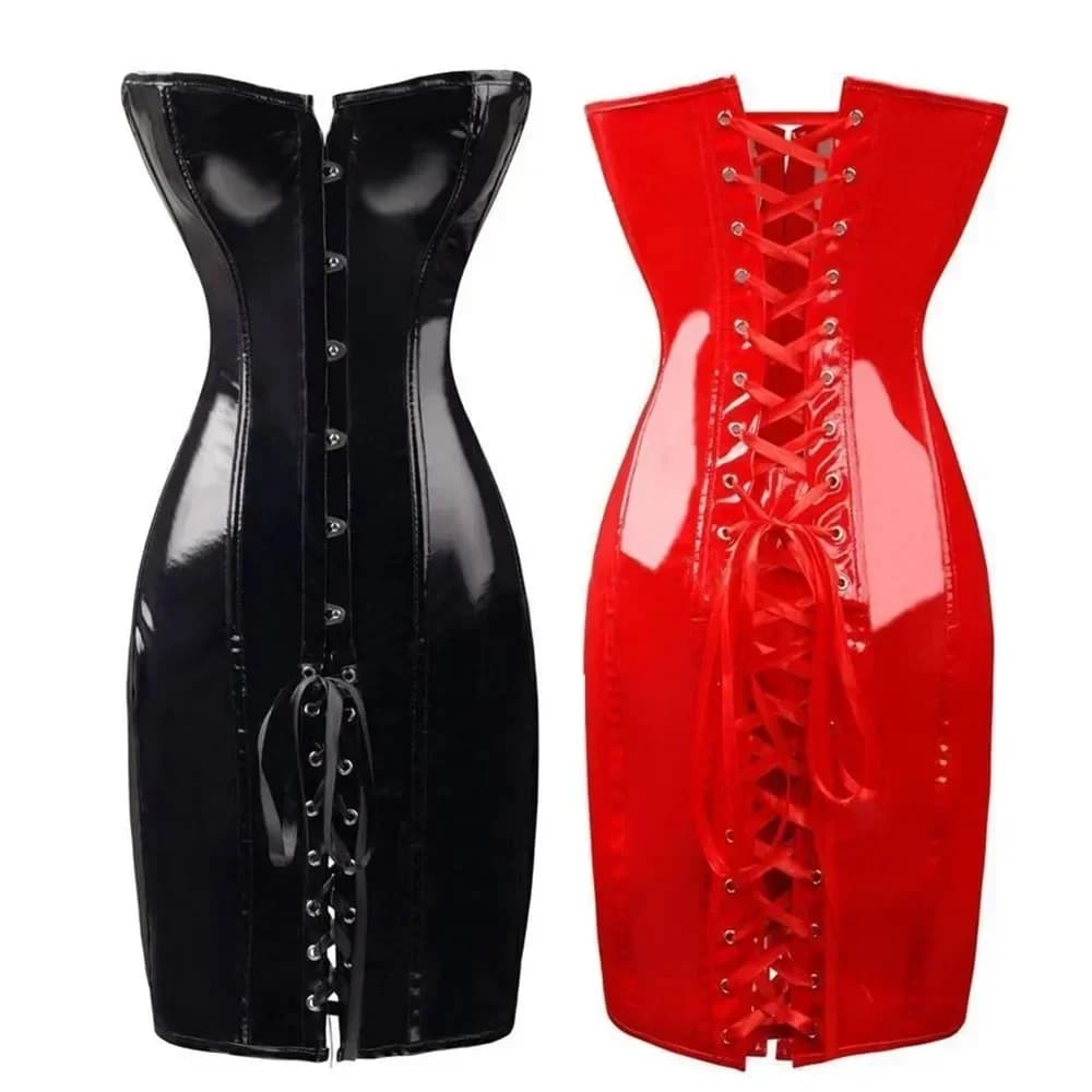 Chaud rouge noir corps mince PVC Corset Sexy Club longue robe Bustier longue en cuir Corset Sexy Club robe Halloween fête Corselet
