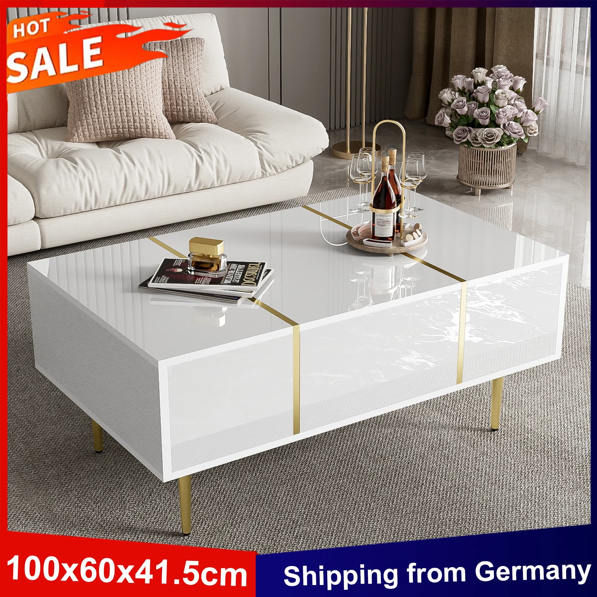 Anajqaqia Table basse 100x60x41,5 cm avec 2 tiroirs, table d'appoint moderne haute brillance, table de canapé, table de salon, blanc