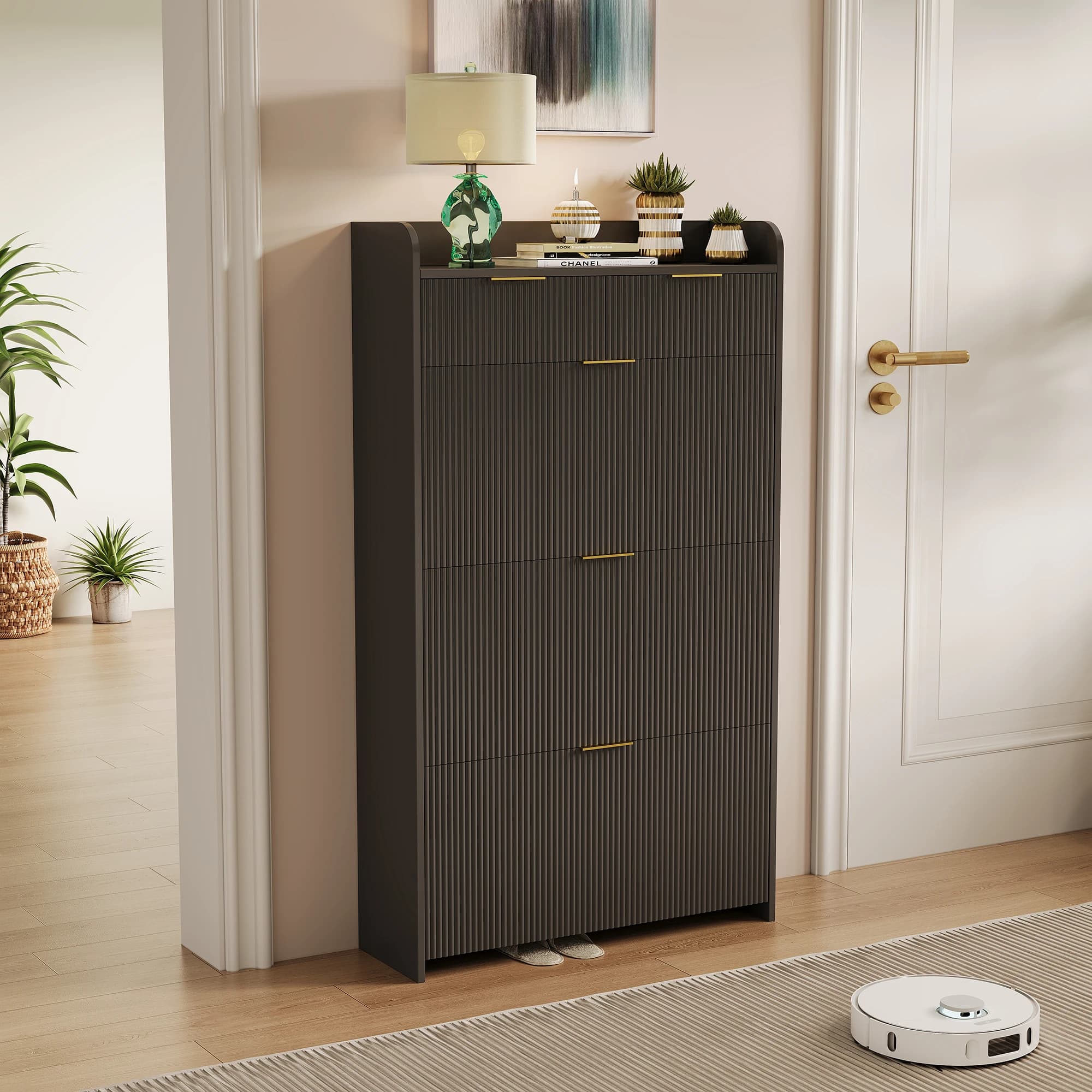 Meuble à chaussures noir avec tiroirs en bois, doté de 5 tiroirs et poignées dorées, adapté aux chambres et aux salons