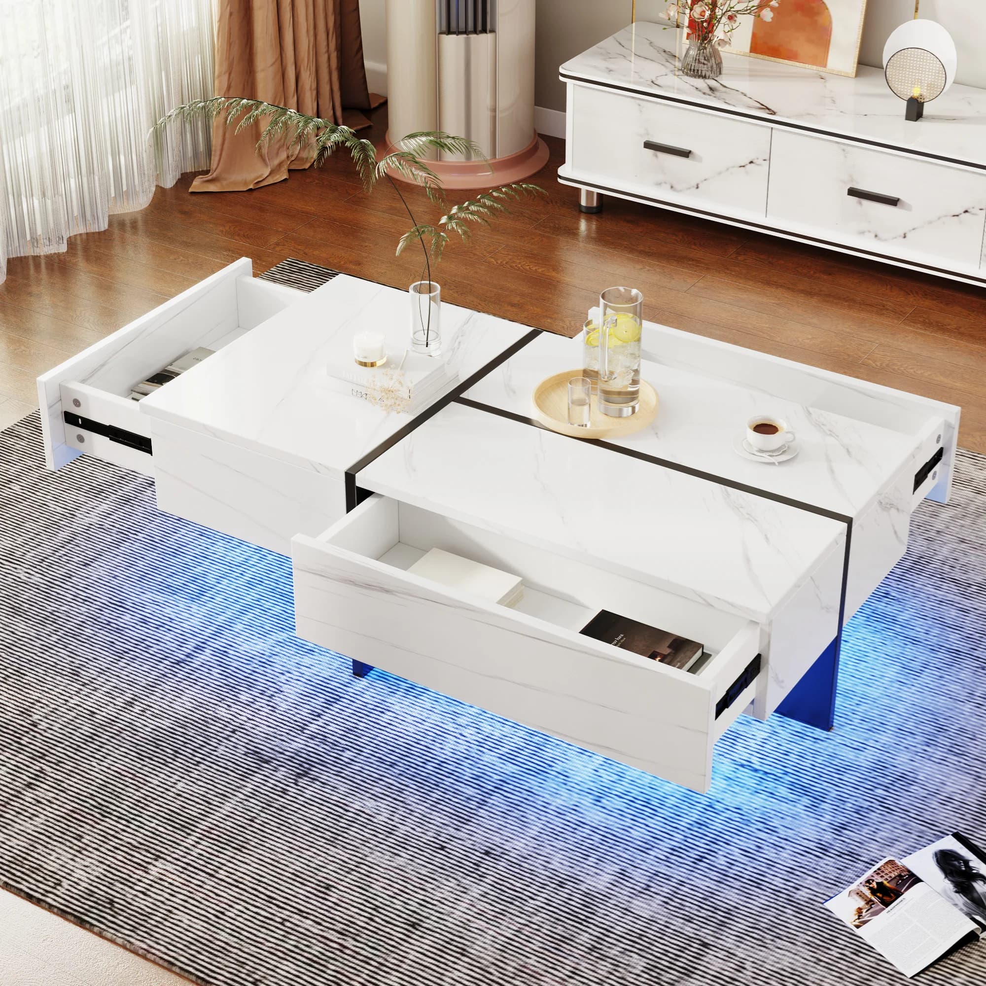 Table basse haute brillance avec éclairage LED, table de salon avec 3 tiroirs, table d'appoint, table basse pour salon, 100x50x34,5