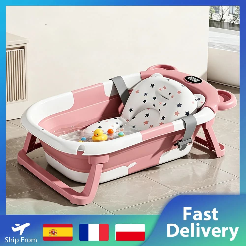 Baignoire écologique pour bébé avec coussin de bain, baignoire pliable en forme d'ours, portable avec indicateur de température, baignoire pour