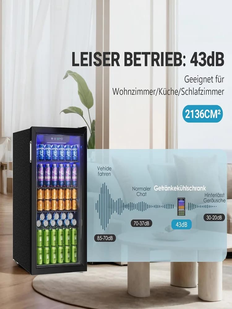 Réfrigérateur à boissons avec porte vitrée pour 126 canettes, étagères réglables, bière/vin, maison/Bar/bureau, acier inoxydable noir