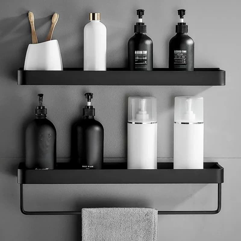 Étagère de salle de bain sans perceuse, organisateur de rangement de douche, étagères d'angle noires, support mural de shampoing de toilette en