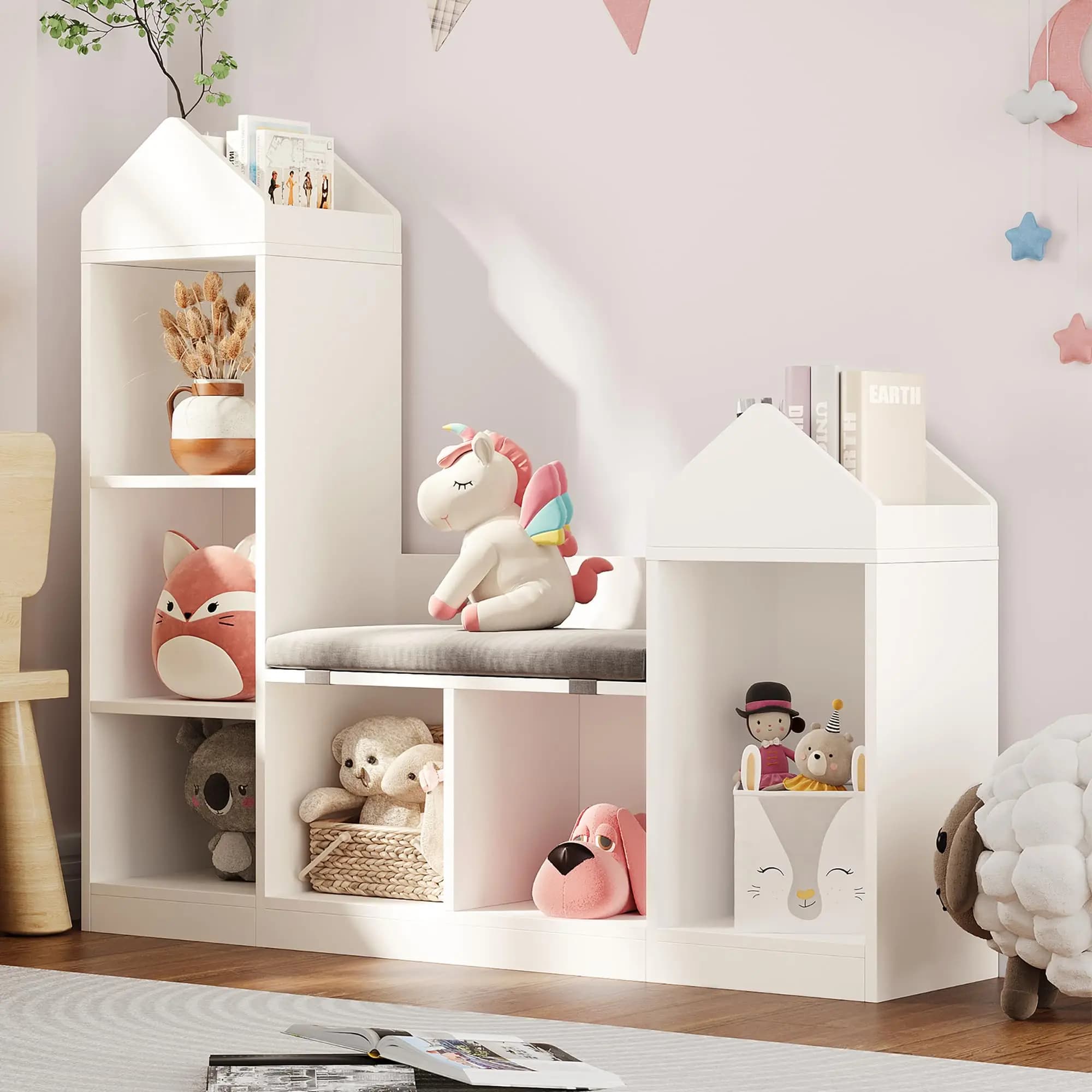 Étagère à livres pour enfants avec coin lecture, largeur 121,3 cm, bibliothèque pour enfants, 6 compartiments, rangement pour jouets,