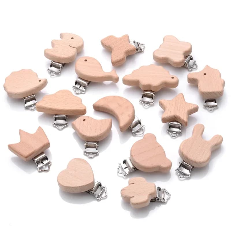 Attache-sucette en bois de hêtre, 5 pièces, Animal naturel, Clip factice, bricolage, chaîne de sucette pour bébé, anneau de dentition, jouets,